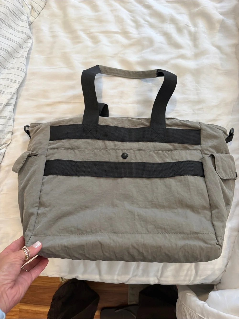 Nylon Utility Tote Bag in Olive with Black Straps